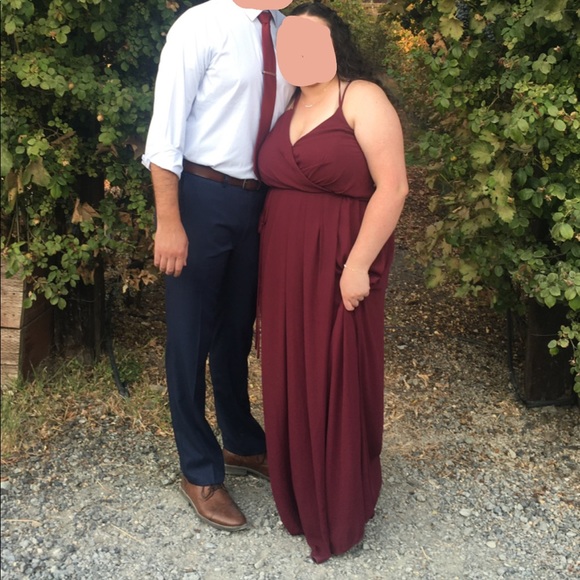 David’s Bridal Wine Double Strap Long Georgette Wrap Bridesmaids Dress - Picture 9 of 12